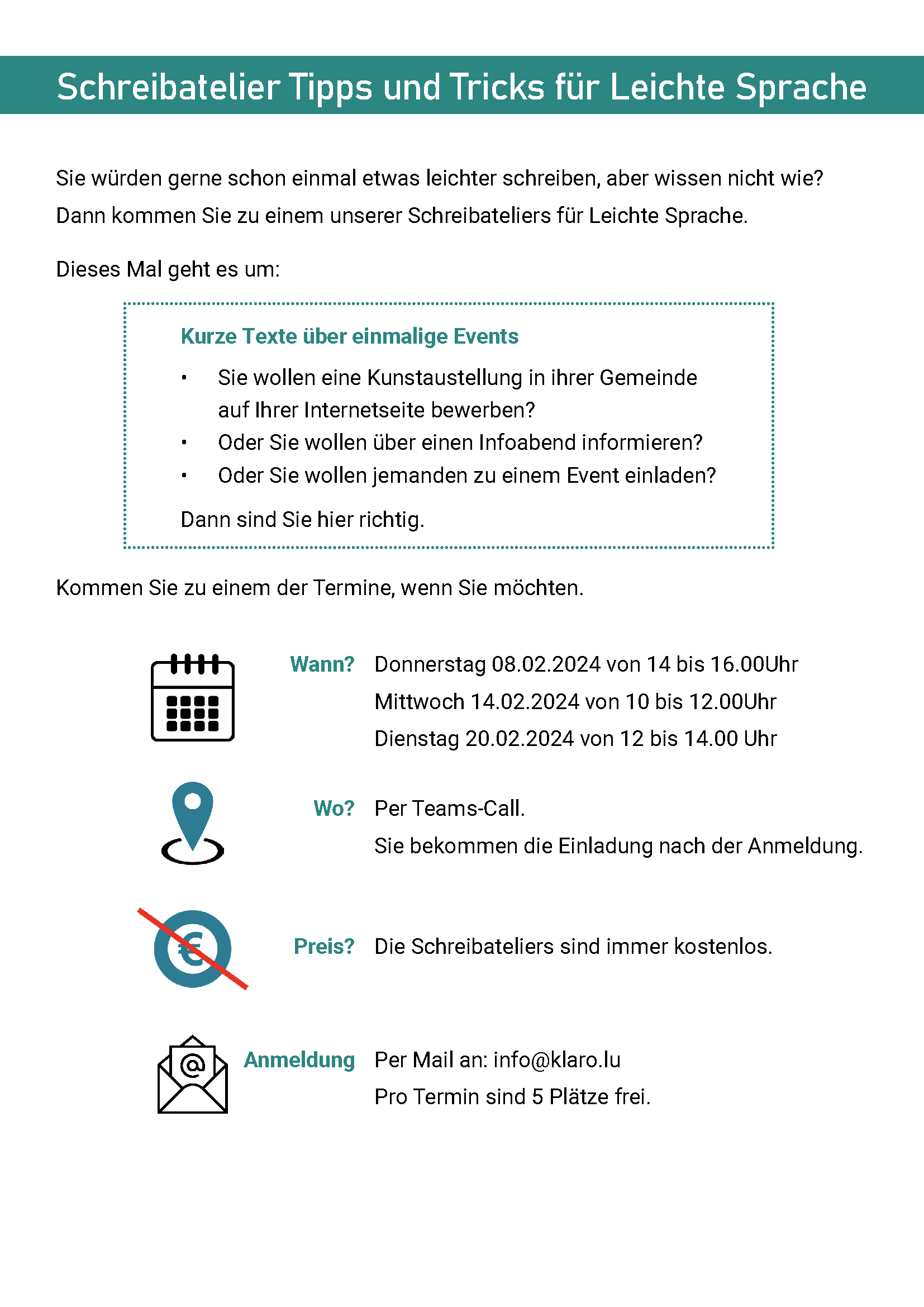 Schreibatelier Tipps und Tricks für Leichte Sprache: kurze Texte für einmalige Events